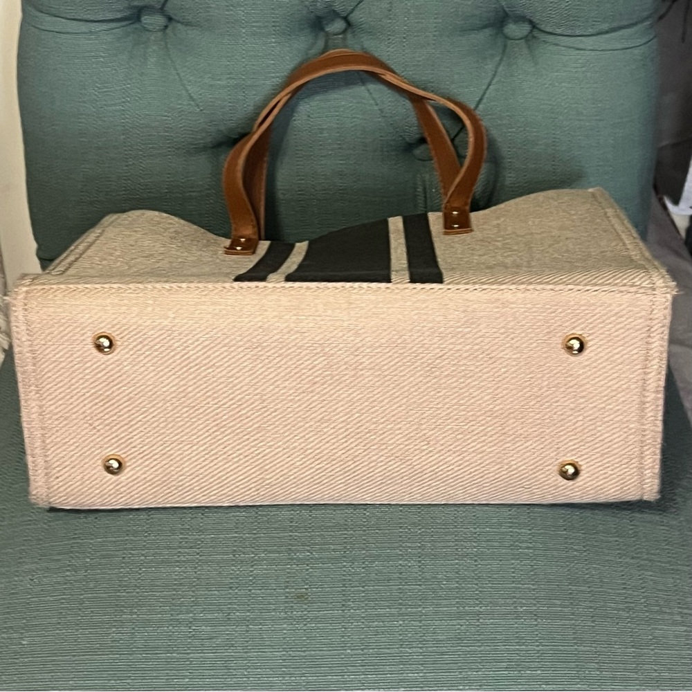 Structured Canvas Tote Bag Neutral Stripe Commuter & Beach Bag Tan/Black - Picture 5 of 10